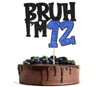 Xsstarmi 1 Pack Happy 12th Birthday Cake Topper Glitter Bruh I'm 12 Bro It's My 12th Birthday Cake Pick for Cheers to 12 Years Birthday Party Cake Decorations Supplies Black Blue