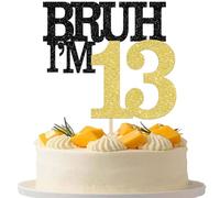 Xsstarmi 1 Pack Happy 13th Birthday Cake Topper Black Gold Glitter Bruh I'm 13 Theme Cake Pick for Cheers to 13 Years Birthday Party Cake Decorations Supplies
