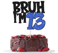 Xsstarmi 1 Pack Happy 13th Birthday Cake Topper Glitter Bruh I'm 13 Bro It's My 13th Birthday Cake Pick for Cheers to 13 Years Birthday Party Cake Decorations Supplies Black Blue