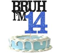 Xsstarmi 1 Pack Happy 14th Birthday Cake Topper Black Blue Glitter Bruh I'm 14 Theme Cake Pick for Cheers to 14 Years Birthday Party Cake Decorations Supplies