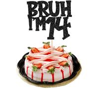 Xsstarmi 1 Pack Happy 14th Birthday Cake Topper Black Glitter Bruh I'm 14 Bro It's My 14th Birthday Cake Pick for Cheers to 14 Years Birthday Party Cake Decorations Supplies