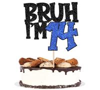 Xsstarmi 1 Pack Happy 14th Birthday Cake Topper Glitter Bruh I'm 14 Bro It's My 14th Birthday Cake Pick for Cheers to 14 Years Birthday Party Cake Decorations Supplies Black Blue