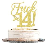 Xsstarmi 1 Pack Happy 14th Birthday Cake Topper Gold Glitter Hello 14 Fabulous Funny Birthday Cake Pick for Cheers to 14 Anniversary Celebration Party Cake Decorations Supplies