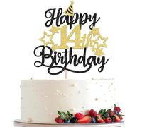 Xsstarmi 1 Pack Happy 14th Birthday Cake Topper Star Hat Glitter Cheers to 14 Years Birthday Cake Pick 14 Fabulous Cake Decorations for Happy 14th Birthday Anniversary Party Supplies Black Gold