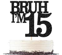 Xsstarmi 1 Pack Happy 15th Birthday Cake Topper Black Glitter Bruh I'm 15 Theme Cake Pick for Cheers to 15 Years Birthday Party Cake Decorations Supplies