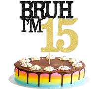 Xsstarmi 1 Pack Happy 15th Birthday Cake Topper Black Gold Glitter Bruh I'm 15 Theme Cake Pick for Cheers to 15 Years Birthday Party Cake Decorations Supplies