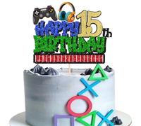 Xsstarmi 1 Pack Happy 15th Birthday Cake Topper Glitter 15 Fabulous Cheers to 15 Years Old Cake Pick Video Game 15th Birthday Cake Decorations for Game Theme Happy 15th Birthday Party Supplies