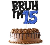 Xsstarmi 1 Pack Happy 15th Birthday Cake Topper Glitter Bruh I'm 15 Bro It's My 15th Birthday Cake Pick for Cheers to 15 Years Birthday Party Cake Decorations Supplies Black Blue