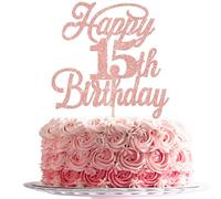 Xsstarmi 1 Pack Happy 15th Birthday Cake Topper Glitter Cheers to 15 Years Old Birthday Cake Pick for Celebrating 15th Birthday Anniversary Party Cake Decorations Supplies Rose Gold