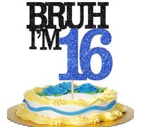 Xsstarmi 1 Pack Happy 16th Birthday Cake Topper Black Blue Glitter Bruh I'm 16 Theme Cake Pick for Cheers to 16 Years Birthday Party Cake Decorations Supplies