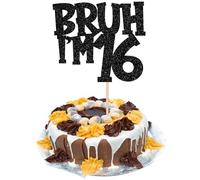 Xsstarmi 1 Pack Happy 16th Birthday Cake Topper Black Glitter Bruh I'm 16 Bro It's My 16th Birthday Cake Pick for Cheers to 16 Years Birthday Party Cake Decorations Supplies