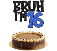 Xsstarmi 1 Pack Happy 16th Birthday Cake Topper Glitter Bruh I'm 16 Bro It's My 16th Birthday Cake Pick for Cheers to 16 Years Birthday Party Cake Decorations Supplies Black Blue