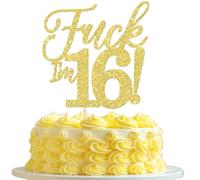 Xsstarmi 1 Pack Happy 16th Birthday Cake Topper Gold Glitter Hello 16 Fabulous Funny Birthday Cake Pick for Cheers to 16 Anniversary Celebration Party Cake Decorations Supplies