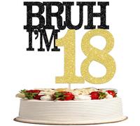 Xsstarmi 1 Pack Happy 18th Birthday Cake Topper Black Gold Glitter Bruh I'm 18 Theme Cake Pick for Cheers to 18 Years Birthday Party Cake Decorations Supplies