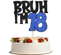 Xsstarmi 1 Pack Happy 18th Birthday Cake Topper Glitter Bruh I'm 18 Bro It's My 18th Birthday Cake Pick for Cheers to 18 Years Birthday Party Cake Decorations Supplies Black Blue