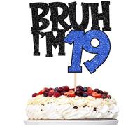 Xsstarmi 1 Pack Happy 19th Birthday Cake Topper Glitter Bruh I'm 19 Bro It's My 19th Birthday Cake Pick for Cheers to 19 Years Birthday Party Cake Decorations Supplies Black Blue