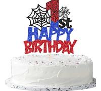 Xsstarmi 1 Pack Happy 1st Birthday Cake Topper Glitter Spider Theme Cake Pick for Baby Shower Boys Kids Happy Fist Birthday Party Cake Decorations Supplies