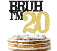 Xsstarmi 1 Pack Happy 20th Birthday Cake Topper Black Gold Glitter Bruh I'm 20 Theme Cake Pick for Cheers to 20 Years Birthday Party Cake Decorations Supplies