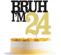 Xsstarmi 1 Pack Happy 24th Birthday Cake Topper Black Gold Glitter Bruh I'm 24 Theme Cake Pick for Cheers to 24 Years Birthday Party Cake Decorations Supplies