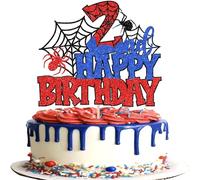 Xsstarmi 1 Pack Happy 2nd Birthday Cake Topper Red Blue Glitter Black Spider Web Superhero Theme Cake Pick for Boys Girls Second Birthday Anniversary Celebration Party Cake Decorations