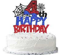 Xsstarmi 1 Pack Happy 4th Birthday Cake Topper Glitter Spider Theme Cake Pick for Boys Kids Happy 4th Birthday Party Cake Decorations Supplies