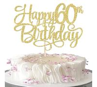 Xsstarmi 1 Pack Happy 60th Birthday Cake Topper Gold Glitter Personalized Birthday Sign Cake Pick Cheers to 60 Years Cake Decorations for Hello 60 Fabulous BDAY Party Cake Decoration Supplies