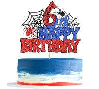Xsstarmi 1 Pack Happy 6th Birthday Cake Topper Red Blue Glitter Black Spider Web Superhero Theme Cake Pick for Boys Girls 6th Birthday Anniversary Celebration Party Cake Decorations