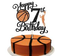 Xsstarmi 1 Pack Happy 7th Birthday Cake Topper Black Glitter Basketball Sports Cake Pick Cheers to 7 Years Cake Decorations for Basketball Theme Birthday Party Supplies