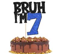 Xsstarmi 1 Pack Happy 7th Birthday Cake Topper Glitter Bruh I'm Seven Bro It's My BDAY Cake Pick for Cheers to 7 Years Birthday Party Cake Decorations Supplies Black Blue