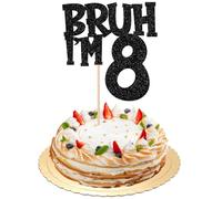 Xsstarmi 1 Pack Happy 8th Birthday Cake Topper Black Glitter Bruh I'm Eight Bro It's My BDAY Cake Pick for Cheers to 8 Years Birthday Party Cake Decorations Supplies