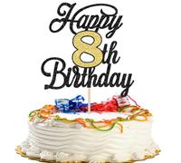 Xsstarmi 1 Pack Happy 8th Birthday Cake Topper Glitter 8 Fabulous Cake Pick Hello 8 Cheers to 8 Years Cake Decorations for Happy 8th Birthday Anniversary Party Supplies Black Gold