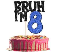 Xsstarmi 1 Pack Happy 8th Birthday Cake Topper Glitter Bruh I'm Eight Bro It's My BDAY Cake Pick for Cheers to 8 Years Birthday Party Cake Decorations Supplies Black Blue