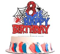 Xsstarmi 1 Pack Happy 8th Birthday Cake Topper Red Blue Glitter Black Spider Web Superhero Theme Cake Pick for Boys Girls 8th Birthday Anniversary Celebration Party Cake Decorations