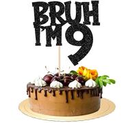 Xsstarmi 1 Pack Happy 9th Birthday Cake Topper Black Glitter Bruh I'm Nine Bro It's My 9th BDAY Cake Pick for Cheers to 9 Years Birthday Party Cake Decorations Supplies