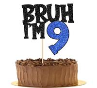 Xsstarmi 1 Pack Happy 9th Birthday Cake Topper Glitter Bruh I'm Nine Bro It's My BDAY Cake Pick for Cheers to 9 Years Birthday Party Cake Decorations Supplies Black Blue
