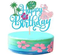 Xsstarmi 1 Pack Happy Birthday Cake Topper Blue Glitter Flower Passionate Hawaiian Dance Aloha Cake Pick for Tropical Hawaiian Luau Theme Birthday Party Cake Decorations