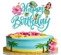 Xsstarmi 1 Pack Happy Birthday Cake Topper Blue Glitter Hula Aloha Turtle Leaves Flowers Tropical Plants Cake Pick for Tropical Hawaii Theme Baby Shower Birthday Party Cake Decorations