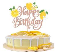 Xsstarmi 1 Pack Happy Birthday Cake Topper Glitter Yellow Lemon Fruit Theme Cake Pick for Lemon Theme Baby Shower Birthday Party Cake Decorations Rose Gold