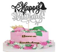 Xsstarmi 1 Pack Happy Birthday Cake Topper Silver Bownot Glitter Black Witch Hat Cake Pick for Halloween Baby Shower Witch Wizard Theme Happy Birthday Party Cake Decorations Supplies
