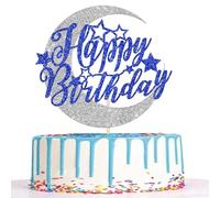 Xsstarmi 1 Pack Happy Birthday Cake Topper Silver Glitter Moon Blue Star Cake Pick for Baby Shower Happy Birthday Celebration Party Cake Decorations Supplies