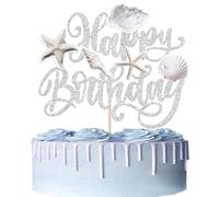 Xsstarmi 1 Pack Happy Birthday Cake Topper Starfish Shells Conchs Cake Pick for Ocean Theme Baby Shower Kids Birthday Party Cake Decorations Silver