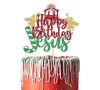 Xsstarmi 1 Pack Happy Birthday Jusus Cake Topper Glitter Jusus Birthday Cake Pick Decoration Jesus is Reason for the Season for Nativity Scene Christmas Birthday Party Cake Decorations Supplies