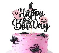 Xsstarmi 1 Pack Happy Boo Day Cake Topper Glitter Black Spider Web Ghost Pumpkin Cake Pick Decoration for Wizard Halloween Baby Shower Birthday Party Cake Decorations Supplies
