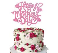 Xsstarmi 1 Pack Happy Mother's Day Cake Topper Glitter Pink Heart Love Best Mom Cake Pick Decoration for Happy Mother's Day Theme Mother's Birthday Party Cake Decorations Supplies