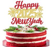 Xsstarmi 1 Pack Happy New Year 2025 Cake Topper Fireworks Glitter Byebye 2024 Cake Pick Hello 2025 Cake Decorations for Welcome to 2025 Happy New Year Theme Party Supplies Red Gold