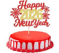 Xsstarmi 1 Pack Happy New Year 2026 Cake Topper Fireworks Glitter Byebye 2025 Cake Pick Hello 2026 Cake Decorations for Welcome to 2026 Happy New Year Theme Party Supplies Red Gold