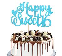 Xsstarmi 1 Pack Happy Sweet 16 Cake Topper Glitter Cheers to 16 Years Old Cake Pick Sweet Sixteen 16th Birthday Cake Decoration Happy Sweet 16th Birthday Party Supplies Blue