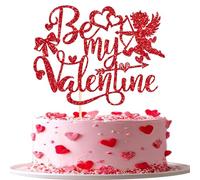 Xsstarmi 1 Pack Happy Valentine's Day Cake Topper Glitter Red Glitter Love Cupid Be My Valentine Cake Pick for Wedding Birthday Anniversary Valentine's Day Party Cake Decorations Supplies