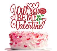 Xsstarmi 1 Pack Happy Valentine's Day Cake Topper Glitter Red Rose Flower Glitter Will You Be My Valentine Cake Pick for Wedding Birthday Anniversary Valentine's Day Party Cake Decorations Supplies