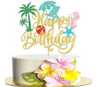 Xsstarmi 1 Pack Hawaii Beach Cake Topper Gold Glitter Happy Birthday Cake Pick for Summer Beach Vacation Theme Baby Shower Birthday Party Cake Decorations Supplies